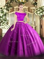 Fuchsia Tulle Zipper Off The Shoulder Short Sleeves Floor Length Sweet 16 Dress Appliques