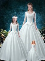 Low Price 3 4 Length Sleeve Chapel Train Lace and Belt Lace Up Ball Gown Prom Dress