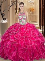 Romantic Hot Pink Scoop Backless Embroidery and Ruffles 15th Birthday Dress Sleeveless