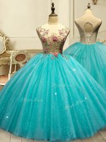 Beauteous Floor Length Aqua Blue Quinceanera Gown Tulle Sleeveless Appliques and Sequins
