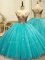 Beauteous Floor Length Aqua Blue Quinceanera Gown Tulle Sleeveless Appliques and Sequins