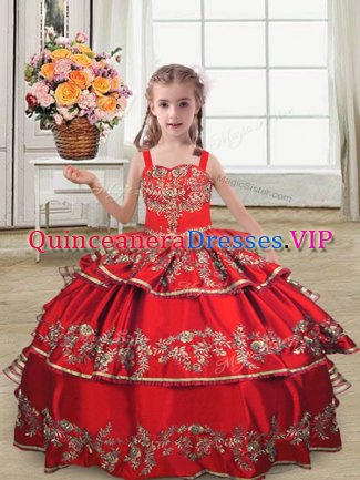 Discount Satin Straps Sleeveless Lace Up Embroidery and Ruffled Layers Kids Pageant Dress in Red