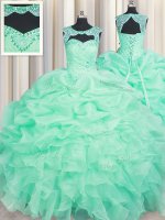 Scoop Apple Green Lace Up Quince Ball Gowns Beading and Ruffles and Pick Ups Sleeveless Floor Length