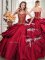 Enchanting Sleeveless Taffeta Floor Length Lace Up Military Ball Gown in Wine Red with Beading and Appliques and Pick Ups