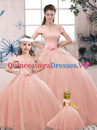 Pink Tulle Lace Up 15th Birthday Dress Short Sleeves Floor Length Lace and Hand Made Flower