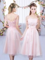 Gorgeous Empire Dama Dress for Quinceanera Baby Pink Sweetheart Tulle Short Sleeves Tea Length Lace Up