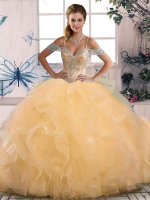 Ball Gowns Quinceanera Dress Gold Off The Shoulder Tulle Sleeveless Floor Length Lace Up