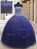 Royal Blue Sleeveless Beading Floor Length Quinceanera Dress