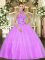Pretty Lilac Ball Gowns Halter Top Sleeveless Tulle Floor Length Lace Up Embroidery Quinceanera Gowns
