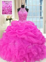 Fantastic Sleeveless Floor Length Beading and Pick Ups Lace Up Sweet 16 Dress with Hot Pink