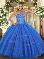 Blue Ball Gowns Halter Top Sleeveless Tulle Floor Length Lace Up Beading and Embroidery Sweet 16 Dress(SKU SJQDDT1279002-2BIZ)