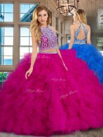 Chic Fuchsia Scoop Neckline Beading and Ruffles Sweet 16 Dress Sleeveless Backless