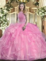 Rose Pink Vestidos de Quinceanera Military Ball and Sweet 16 and Quinceanera with Beading and Ruffles High-neck Sleeveless Lace Up