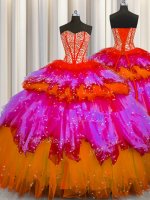 Bling-bling Visible Boning Multi-color Ball Gowns Tulle Sweetheart Sleeveless Beading and Ruffles and Ruffled Layers and Sequins Floor Length Lace Up 15th Birthday Dress