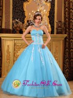 Athens Alabama/AL Baby Blue and White Appliques Ruching Bodice For Quinceanera Dress With Sweetheart Neckline and Tulle Skirt