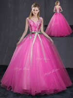 Nice Floor Length Lace Up Sweet 16 Dress Hot Pink for Military Ball and Sweet 16 and Quinceanera with Appliques and Belt