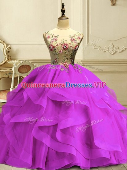 Glamorous Scoop Sleeveless 15 Quinceanera Dress Floor Length Appliques and Ruffles Fuchsia Organza - Click Image to Close