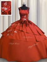 Fitting Rust Red Satin Lace Up Quinceanera Gowns Sleeveless Floor Length Beading and Embroidery