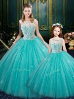 Sleeveless Tulle Floor Length Zipper Quinceanera Dress in Turquoise with Lace