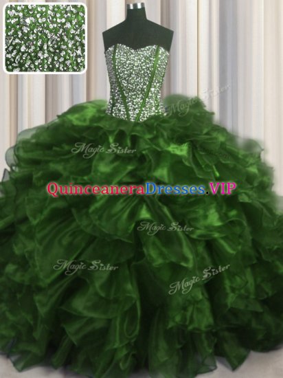 Latest Visible Boning Olive Green Sleeveless Organza Brush Train Lace Up 15th Birthday Dress for Military Ball and Sweet 16 and Quinceanera - Click Image to Close