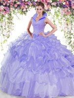 Custom Made Lavender Organza Backless Quinceanera Gowns Sleeveless Floor Length Beading and Ruffled Layers