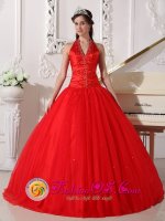 Brazoria TX A-line Halter Beaded Decorate Red Tulle Sweet 16 Dress