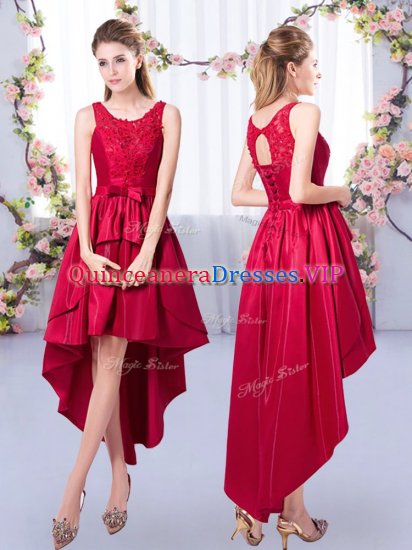 Graceful Scoop Sleeveless Vestidos de Damas High Low Appliques Red Satin - Click Image to Close