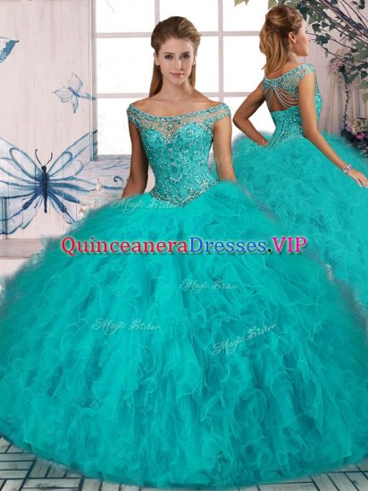 Best Selling Off The Shoulder Sleeveless Quince Ball Gowns Brush Train Beading and Ruffles Aqua Blue Tulle - Click Image to Close