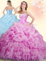 Lilac Organza Lace Up Quinceanera Dresses Sleeveless With Brush Train Beading and Ruffles and Pick Ups(SKU SJQDDT823002BIZ)