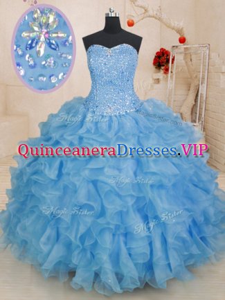 Blue Ball Gowns Sweetheart Sleeveless Organza Floor Length Lace Up Beading and Ruffles Quinceanera Gown