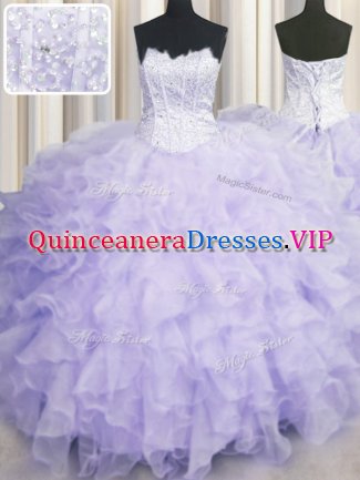 Perfect Scalloped Sleeveless Quinceanera Gowns Floor Length Beading and Ruffles Lavender Organza