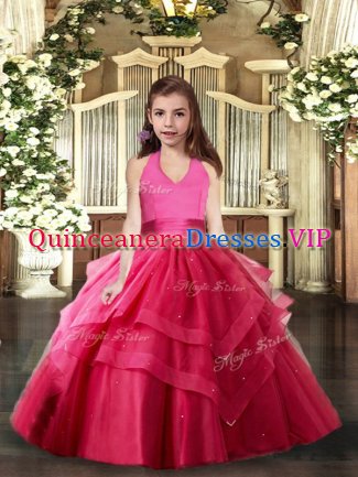 Best Hot Pink Lace Up Pageant Dress for Girls Ruffled Layers Sleeveless Floor Length