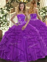Edgy Purple Tulle Lace Up Strapless Sleeveless Floor Length Sweet 16 Dress Beading and Ruffles