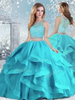 Graceful Sleeveless Organza Floor Length Clasp Handle Sweet 16 Dresses in Aqua Blue with Beading and Ruffles