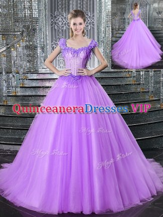 New Style Straps With Train Ball Gowns Sleeveless Lilac Quinceanera Dress Brush Train Lace Up