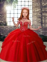 Red Lace Up Pageant Dress for Teens Beading Sleeveless Floor Length