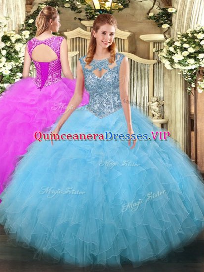 Aqua Blue Scoop Neckline Beading and Ruffles Quince Ball Gowns Sleeveless Lace Up - Click Image to Close
