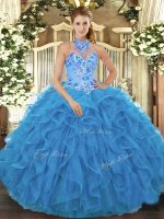 Delicate Baby Blue Ball Gowns Organza Halter Top Sleeveless Beading and Embroidery and Ruffles Floor Length Lace Up 15 Quinceanera Dress(SKU SJQDDT1275002-2BIZ)