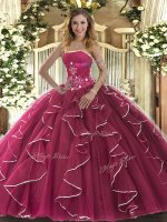 Floor Length Lace Up Sweet 16 Dress Fuchsia for Military Ball and Sweet 16 and Quinceanera with Beading and Ruffles(SKU SJQDDT1496002-1BIZ)