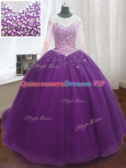 Inexpensive Sequins Sweep Train Ball Gowns 15 Quinceanera Dress Purple Scoop Organza Long Sleeves Lace Up - Click Image to Close