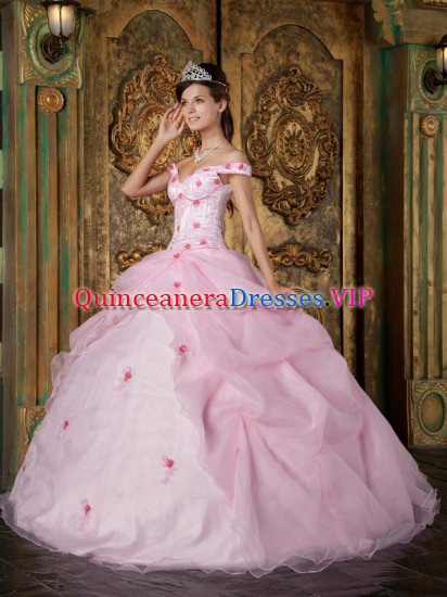 Post Falls Idaho/ID Romantic Pink Off The Shoulder Organza Quinceanera Dress With Colorful Flowers - Click Image to Close