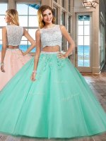 Apple Green Tulle Side Zipper Sweet 16 Quinceanera Dress Sleeveless Floor Length Beading and Appliques