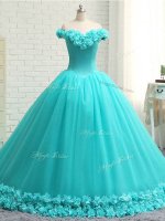 Flirting Off The Shoulder Sleeveless Tulle Quince Ball Gowns Hand Made Flower Court Train Lace Up(SKU SWQD185BIZ)