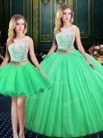 Sumptuous Three Piece Sequins Scoop Sleeveless Lace Up Quinceanera Gowns Tulle and Sequined