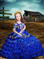 Floor Length Royal Blue Pageant Dresses Organza Short Sleeves Embroidery and Ruffled Layers(SKU XBLD012BIZ)