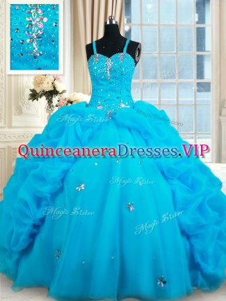 Straps Floor Length Baby Blue Ball Gown Prom Dress Organza Sleeveless Beading and Pick Ups