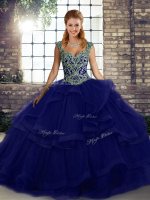 Purple Sleeveless Tulle Lace Up Quince Ball Gowns for Military Ball and Sweet 16 and Quinceanera