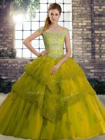 Deluxe Beading and Lace Sweet 16 Dresses Olive Green Lace Up Sleeveless Brush Train