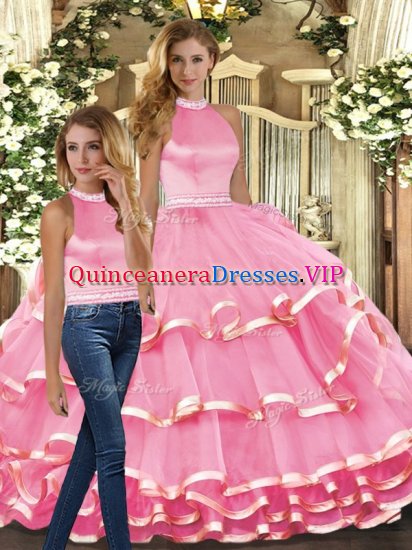 Ideal Floor Length Pink Quinceanera Gown Halter Top Sleeveless Backless - Click Image to Close