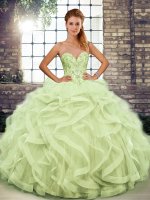 Yellow Green Sleeveless Floor Length Beading and Ruffles Lace Up Quinceanera Gowns